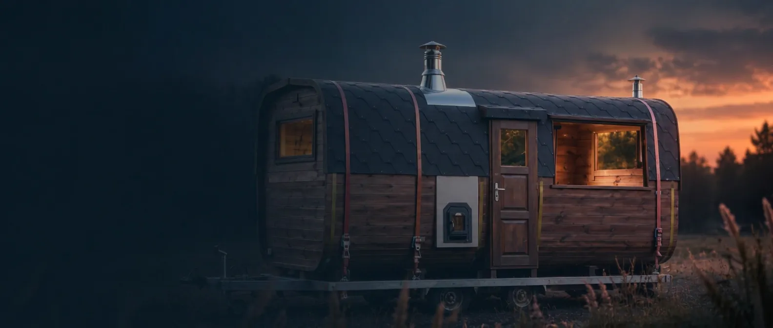 DE3 Saunawagen mit Sauna und Jacuzzi im Abendlicht
